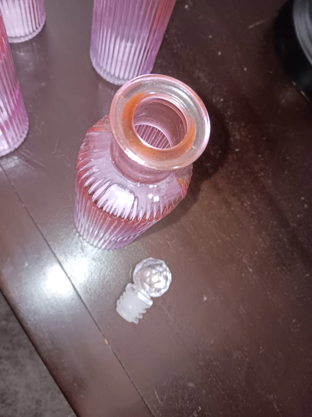 Unk Pink Glass Ribbed Vanity Bottles with Crystal Stoppers